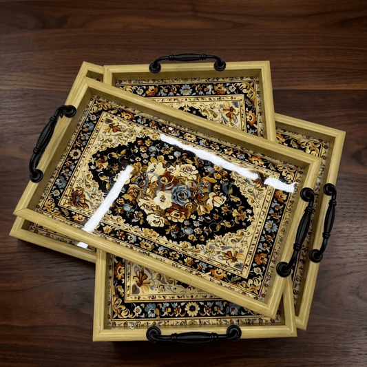 Luxury Wooden Frame Floral Serving Trays – Set of 3