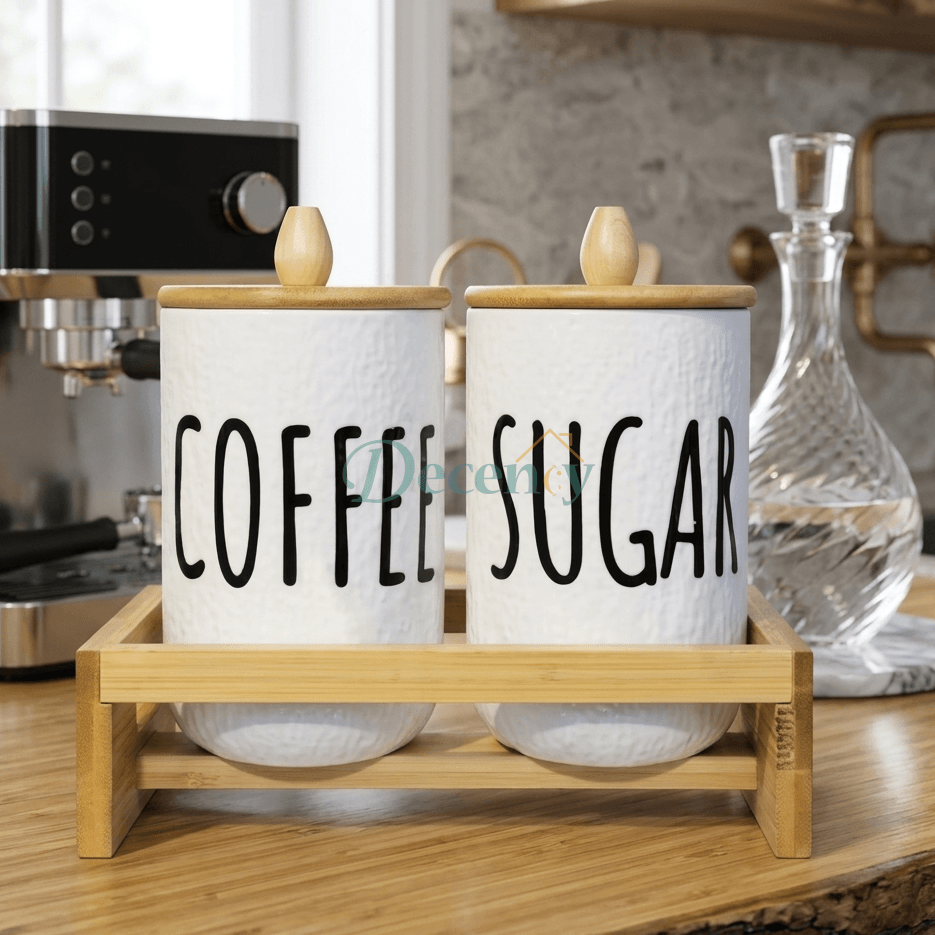 Nordic Ceramic Coffee & Sugar Storage Jar Set with Bamboo Stand