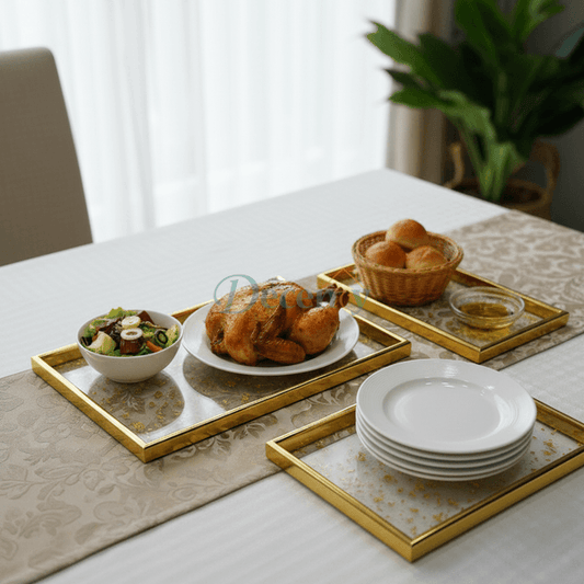 3-Piece Gold Transparent Flowers -Design Serving Tray Set