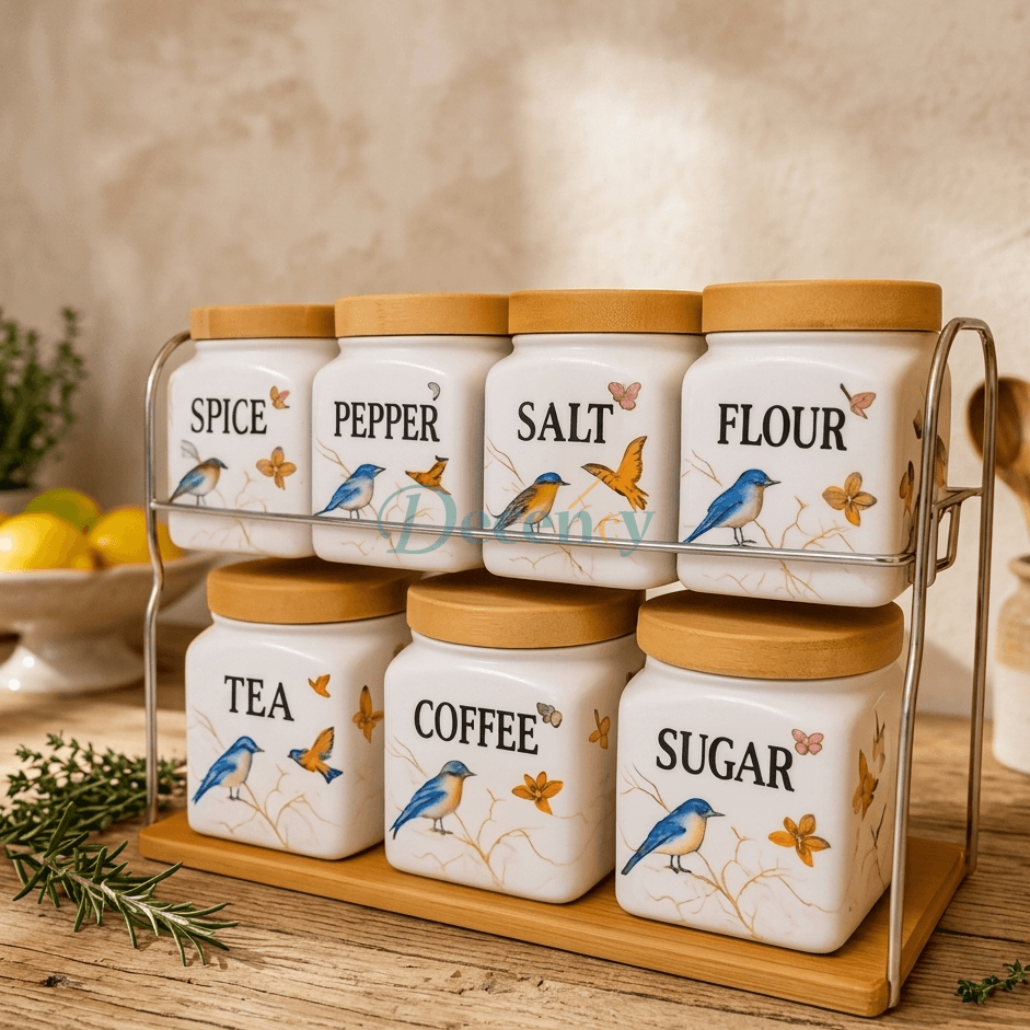 LUXURY BIRD PATTERN CANISTERS – 8 PIECES BLACK