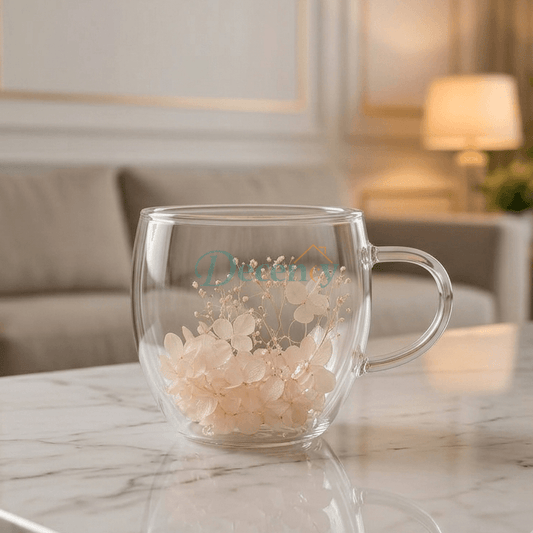 Double Wall Glass Flower Mug with Pearl | 250ml Heat Resistant