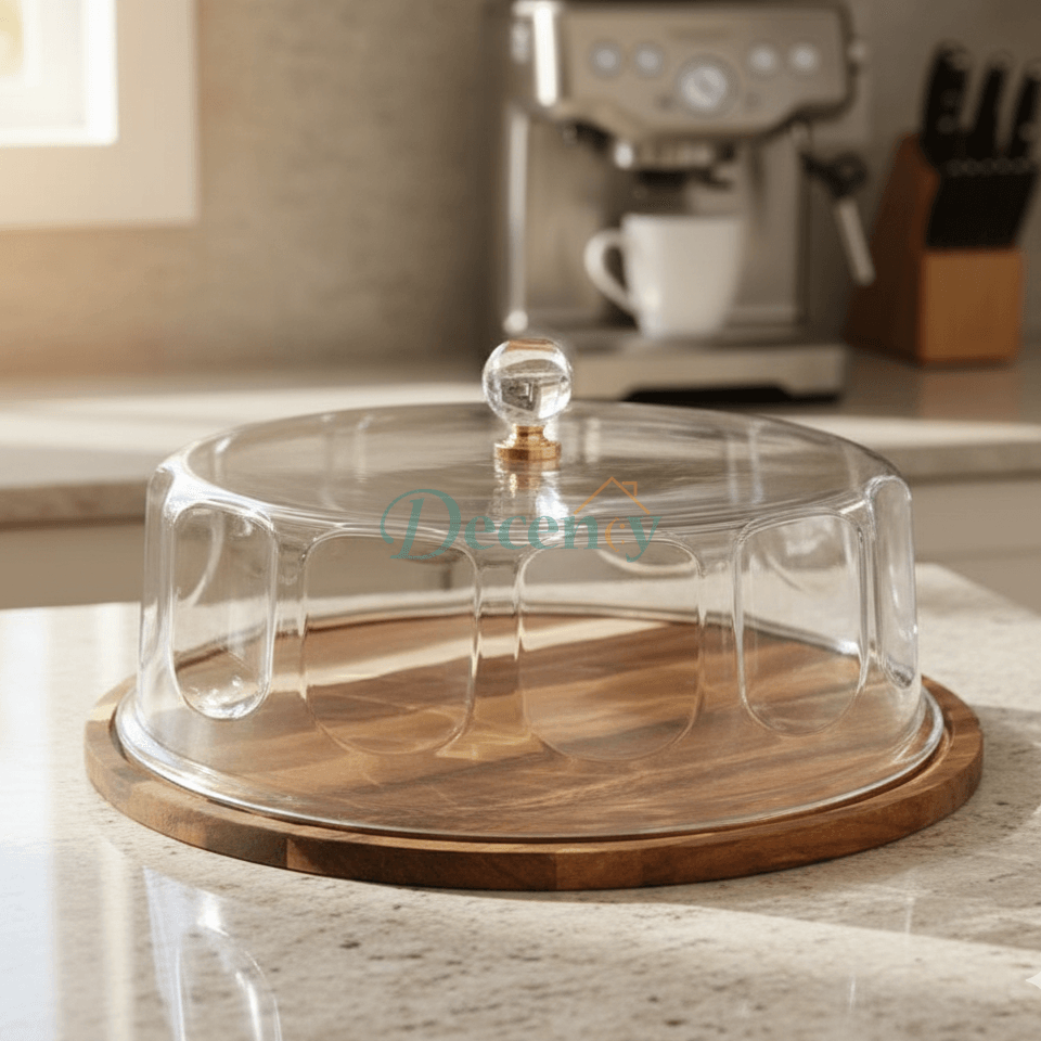 Elegant Wooden Cake Stand with Clear Acrylic Lid – Small
