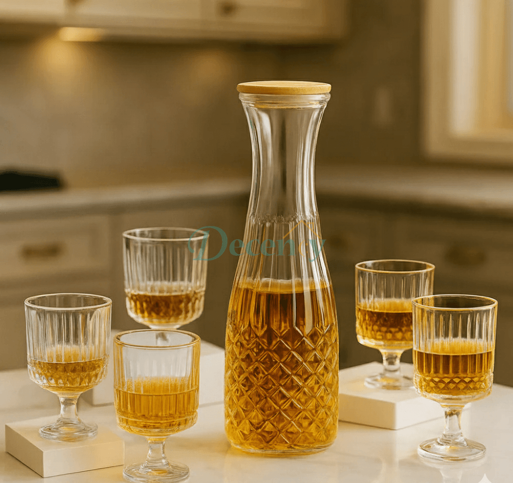 Elegant Glass Water Jug with 6 Matching Drinking Glasses