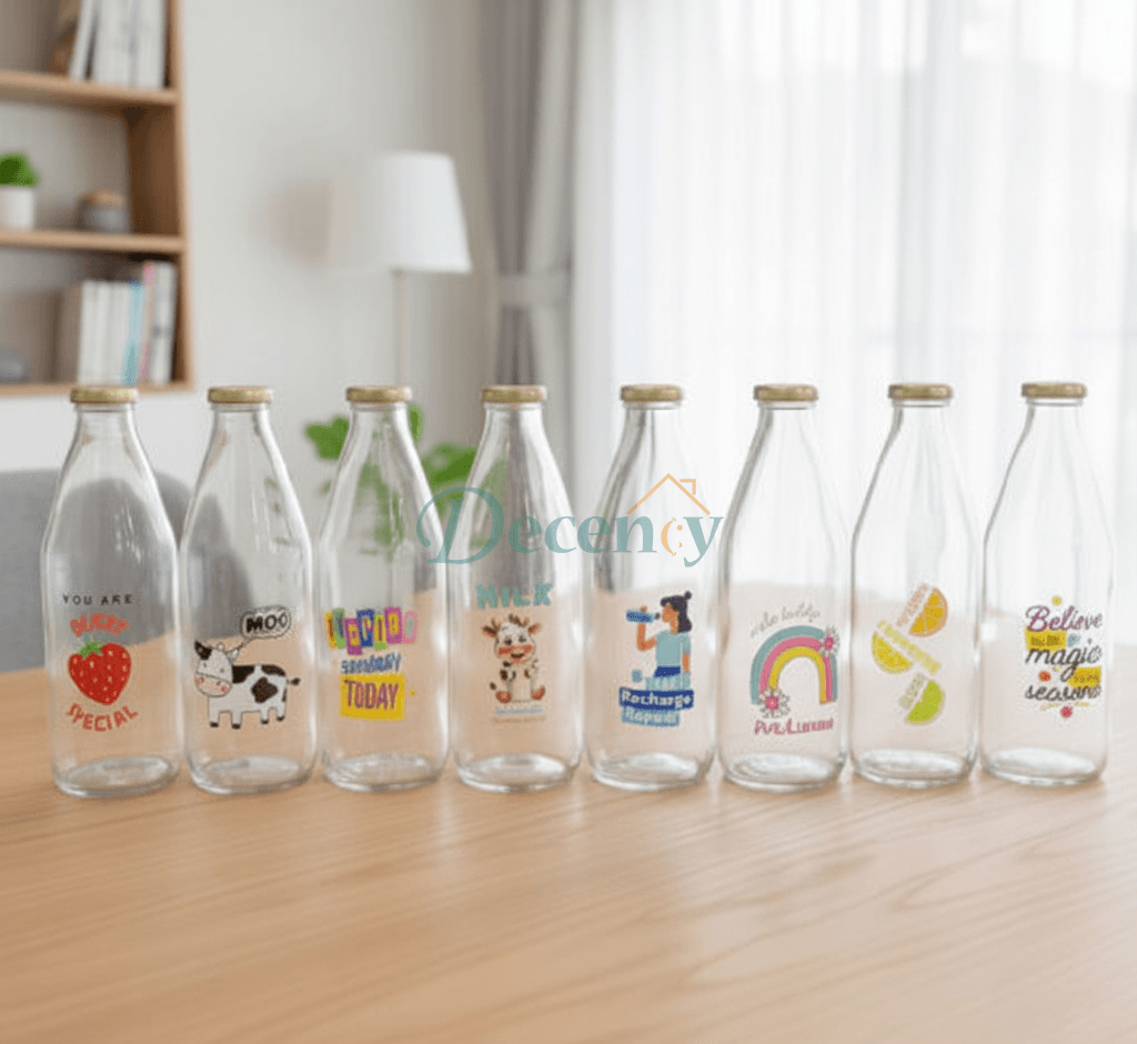Premium 1000ml (1 Liter) food-grade clear glass milk bottle with metal cap for water and juice storage in Pakistan