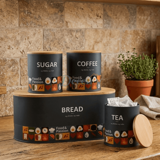 Modern Pantry Storage Set with Bread Box & Wooden Lid Canisters (4PC)