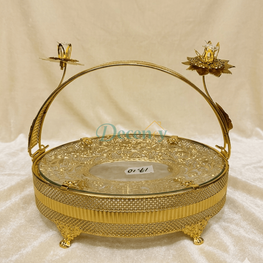 Elegant Gold Plated Metal Basket Tray with Handle