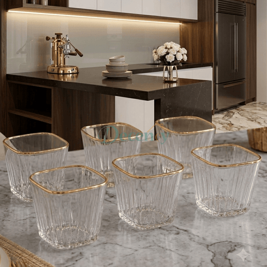 Premium Diamond Cut Gold Rim Drinking Glass Set (6 Pcs)