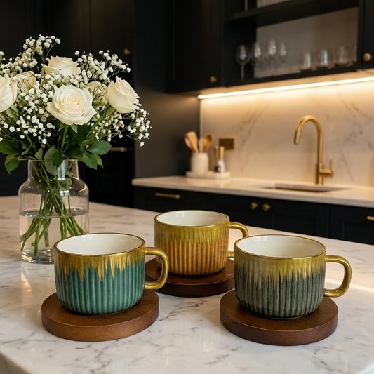 Luxury Stoneware Coffee Cup Set with Wooden Saucers – 6 Piece