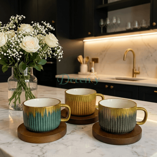 Luxury Stoneware Coffee Cup Set with Wooden Saucers – 6 Piece