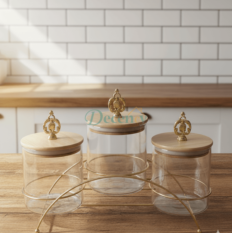 Elegant 3-Piece Glass Jar Set with Black Metal Stand for Kitchen Countertop Storage - Decency Store Pakistan