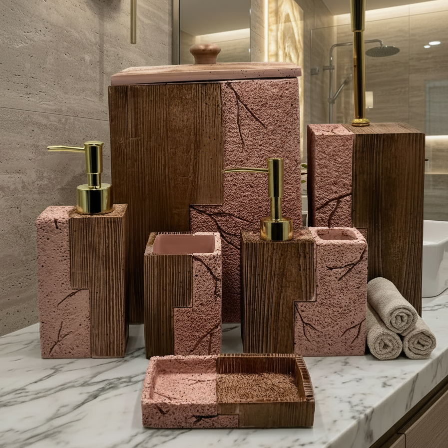 6-Piece Rustic Wood & Stone Bathroom Sets