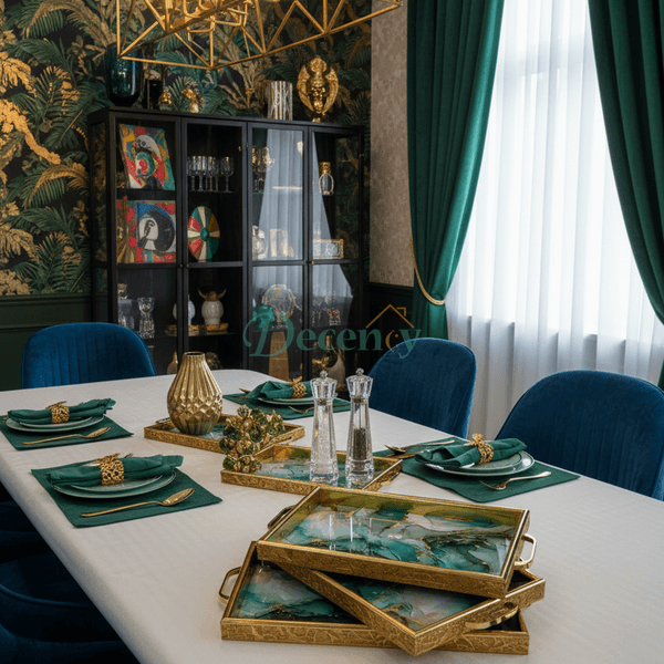 Luxury 3-Piece Green and Gold Abstract/Marble Serving Tray Set