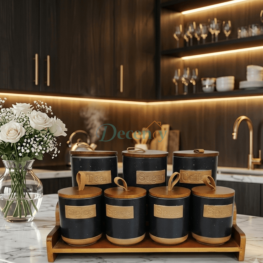 Premium Ceramic Kitchen Canister & Spice Jar Set with Wooden Stand
