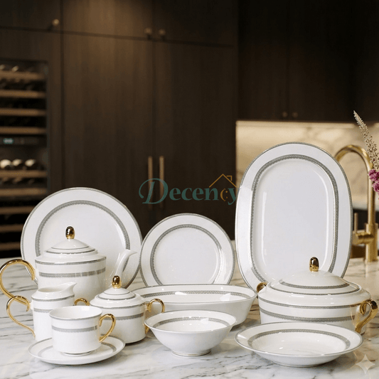 Luxurious 61-Piece White & Grey Bone China Dinner Set