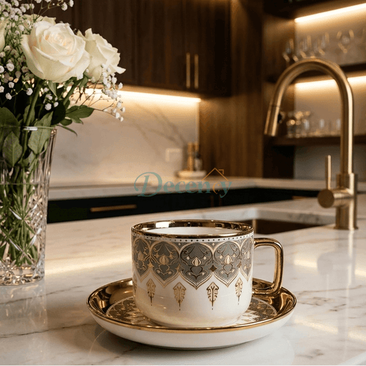 6 Pcs Luxury White & Golden Ceramic Coffee Cup with Saucer