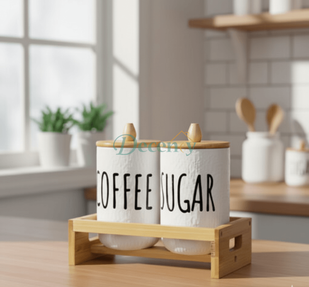 2-Piece Airtight Coffee & Sugar Ceramic Jar Set with Bamboo Rack – 1000g