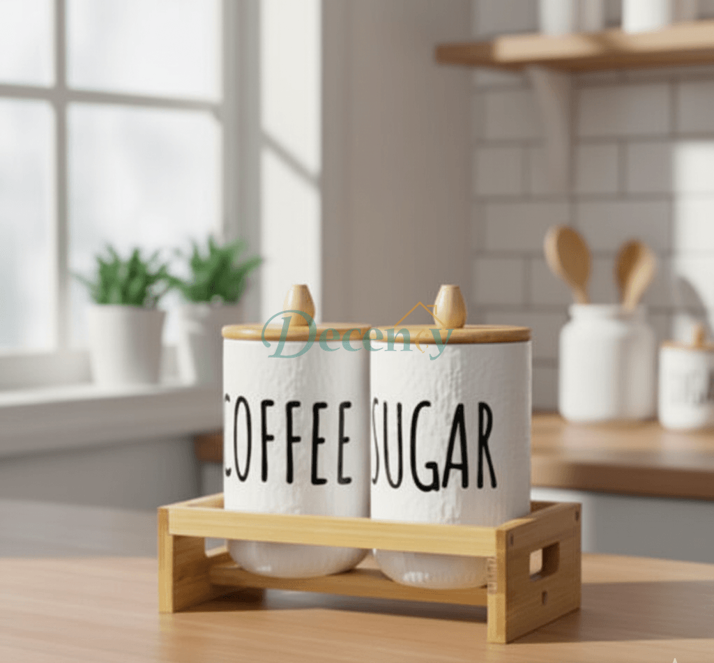 2-Piece Airtight Coffee & Sugar Ceramic Jar Set with Bamboo Rack – 1000g