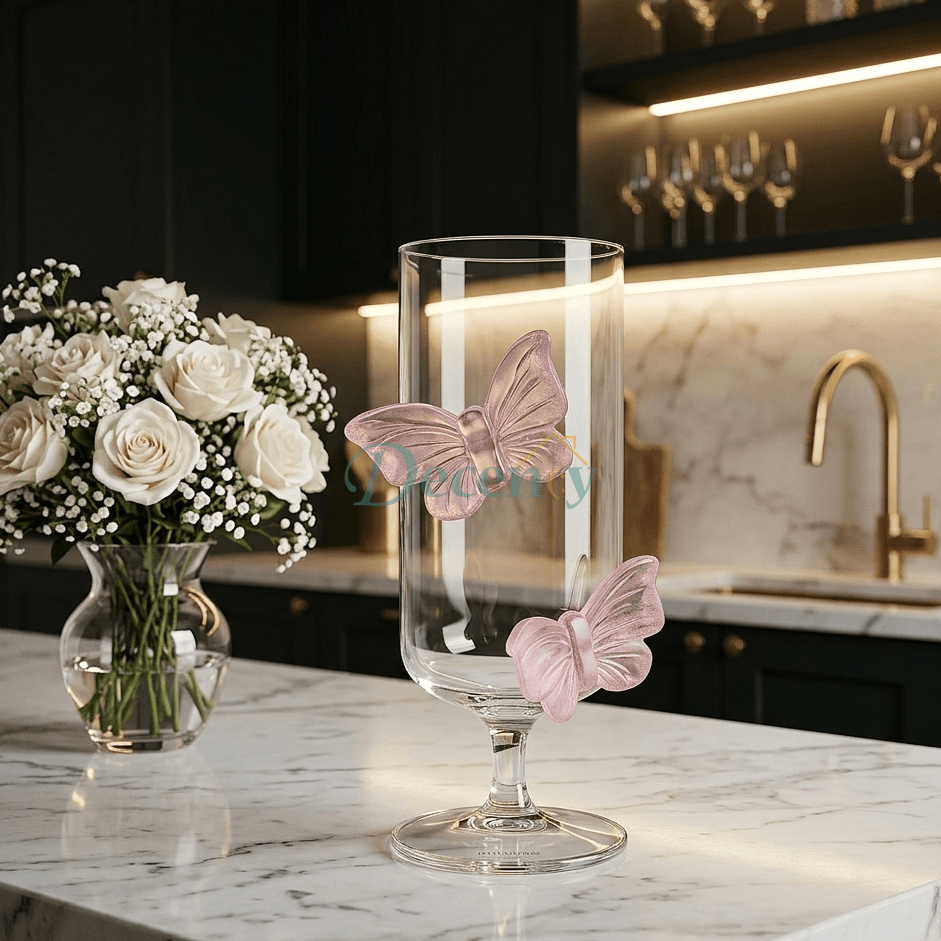 Luxury Pink Bow Flutter Glass Cup with Elegant Ribbon Handle
