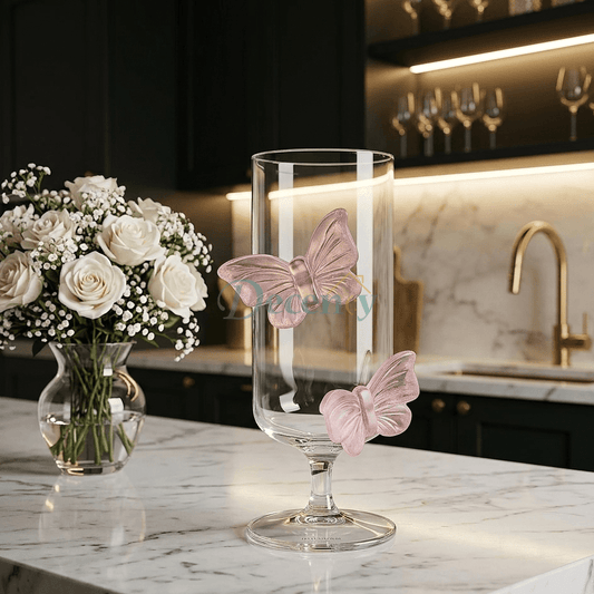 Luxury Pink Bow Flutter Glass Cup with Elegant Ribbon Handle