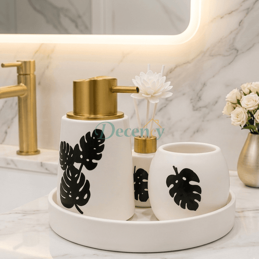 White Monstera Collection – 3-Piece Ceramic Bathroom Accessory Set