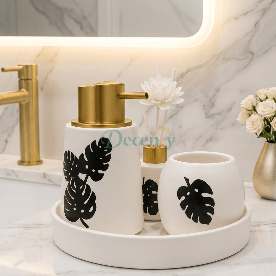 White Monstera Collection – 3-Piece Ceramic Bathroom Accessory Set