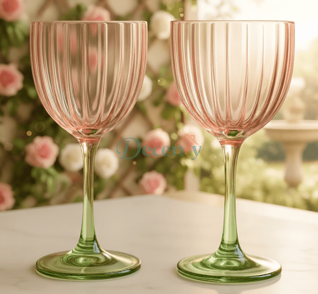 Danny Home Elegant 2 Piece Glass Set – Pink & Green Stem