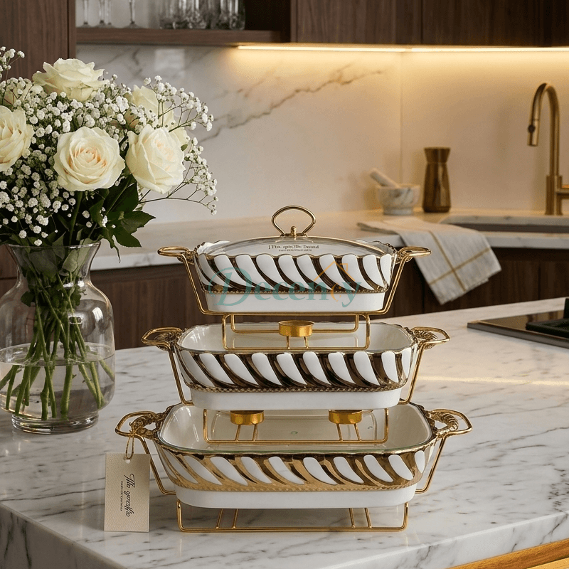 3 Pcs Luxury Ceramic Buffet Dish Set with Golden Stand & Lid ( 2 )
