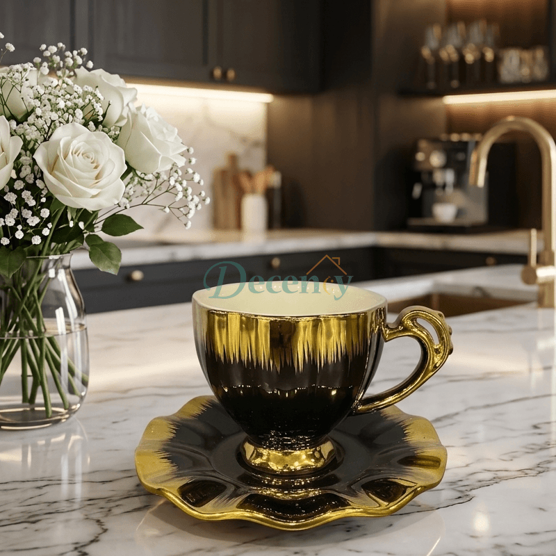 6 Pcs Luxury Black & Golden Flower Ceramic Coffee Cup with Saucer