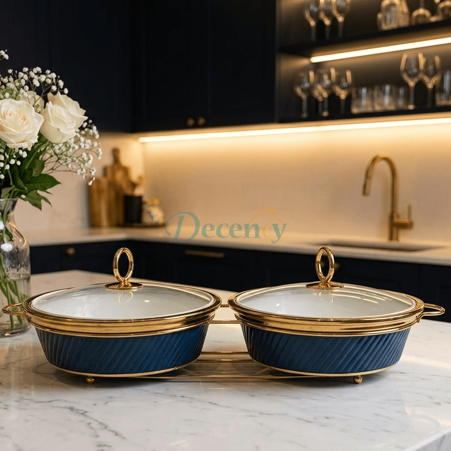 Double Round Blue Serving Dish Set – 12 Inches Elegant Ceramic Serving Bowl