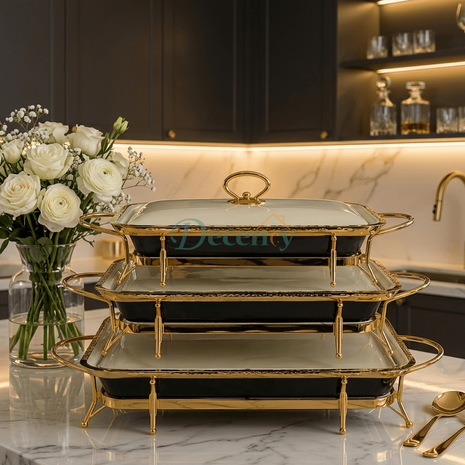 Luxury Gold & Black Rectangular Serving Tray Set – Premium Decorative Serving Trays