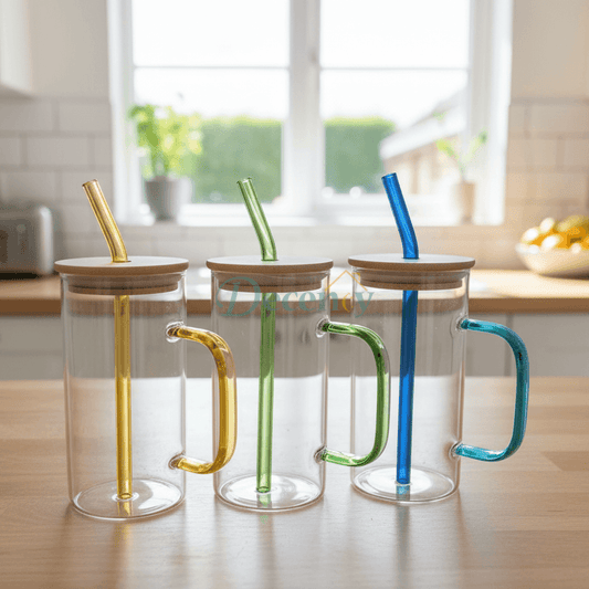 Elegant Glass Mug Set with Colorful Handles & Bamboo Lids