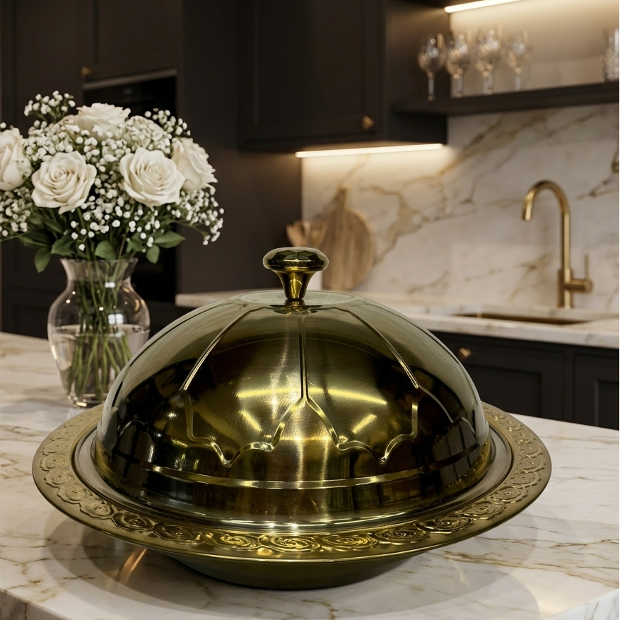 Royal Brass Serving Cloche & Embossed Platter Set