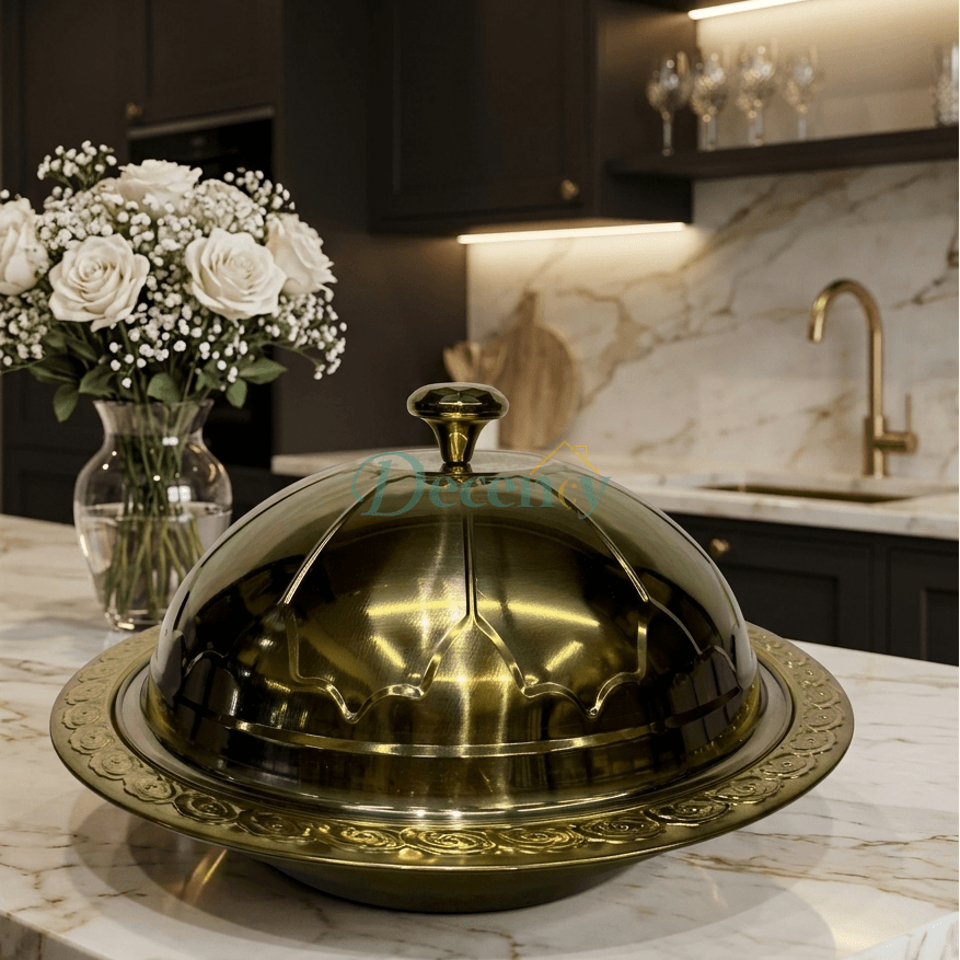 Royal Brass Serving Cloche & Embossed Platter Set