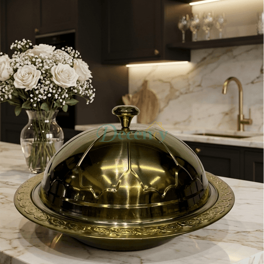 Royal Brass Serving Cloche & Embossed Platter Set