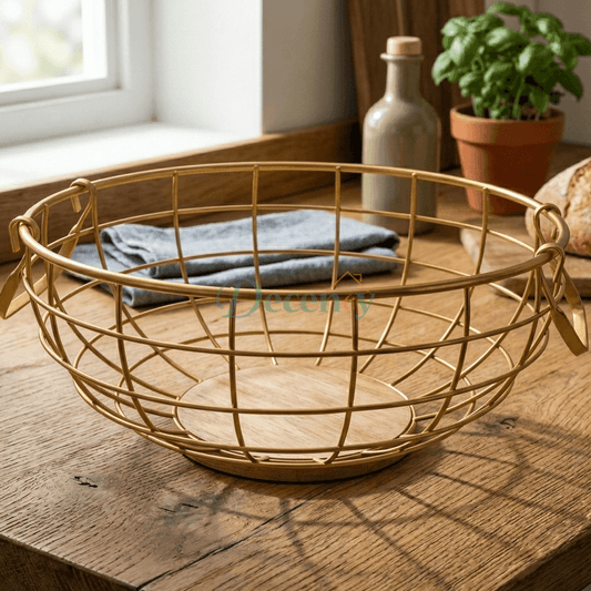 Royal Wooden Base Fruit Basket – Premium Metal ( Golden )