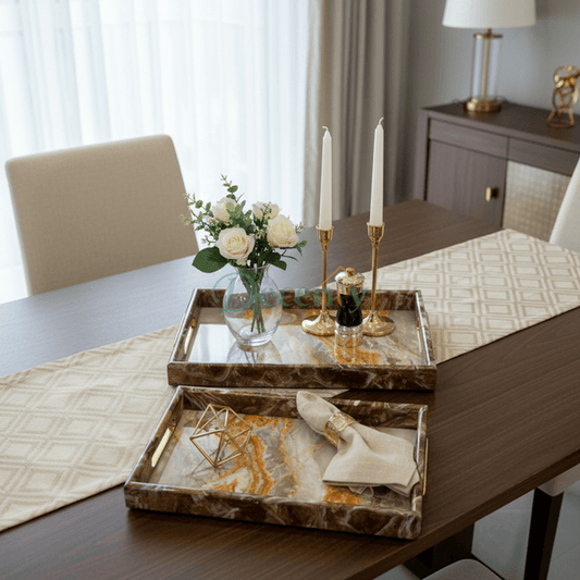 3-Piece Wooden & Marble/Textured Serving Tray Set