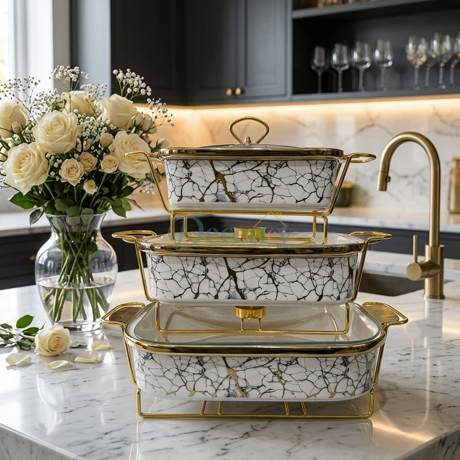 3 Pcs Luxury Ceramic Buffet Dish Set with Golden Stand & Lid ( 3 )