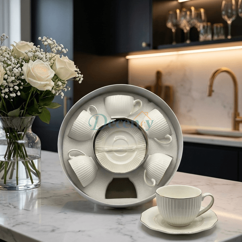 Premium White Porcelain Tea Cup & Saucer Set - 6 Pcs