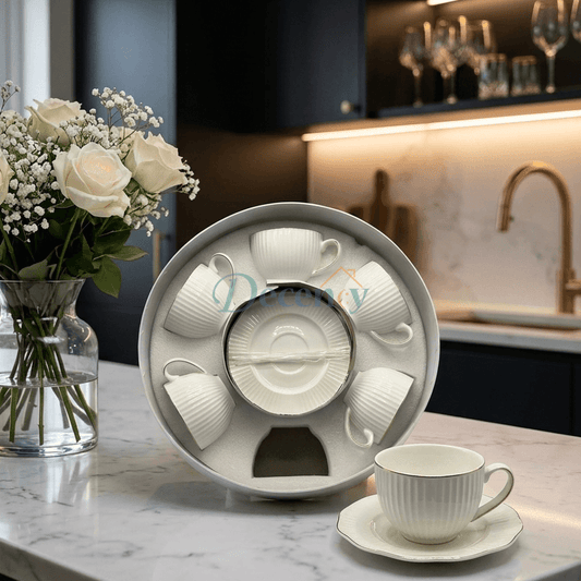 Premium White Porcelain Tea Cup & Saucer Set - 6 Pcs