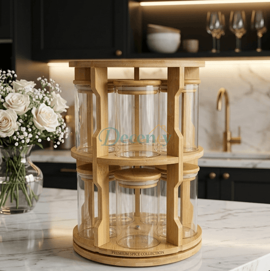 Bamboo Spice Rack Organizer - Rotating Spice Carousel