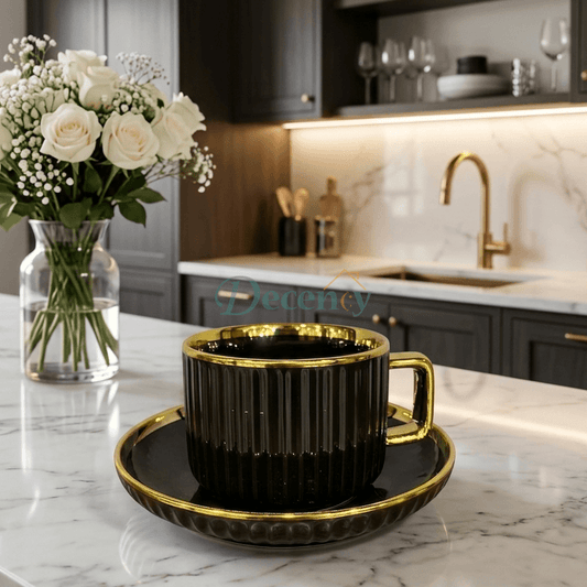 6 Pcs Luxury Black & Gold Ribbed Ceramic Coffee Cup with Saucer