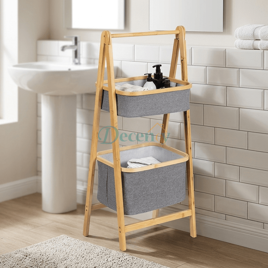 Modern 2-Tier Bamboo Organizer Rack with Fabric Baskets