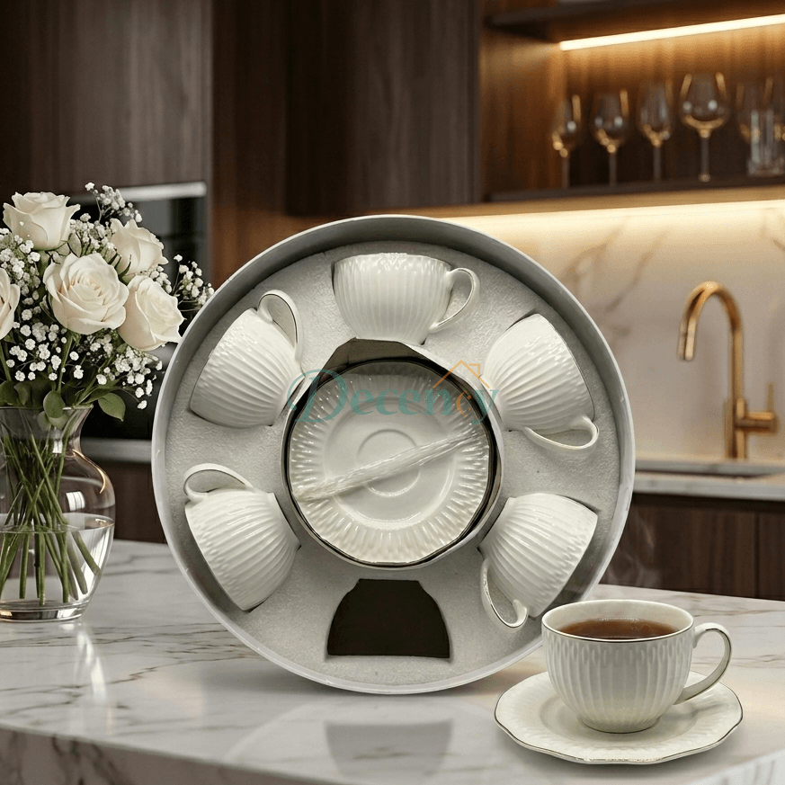 Premium Textured Tea Cup & Saucer Set (6 Pcs)