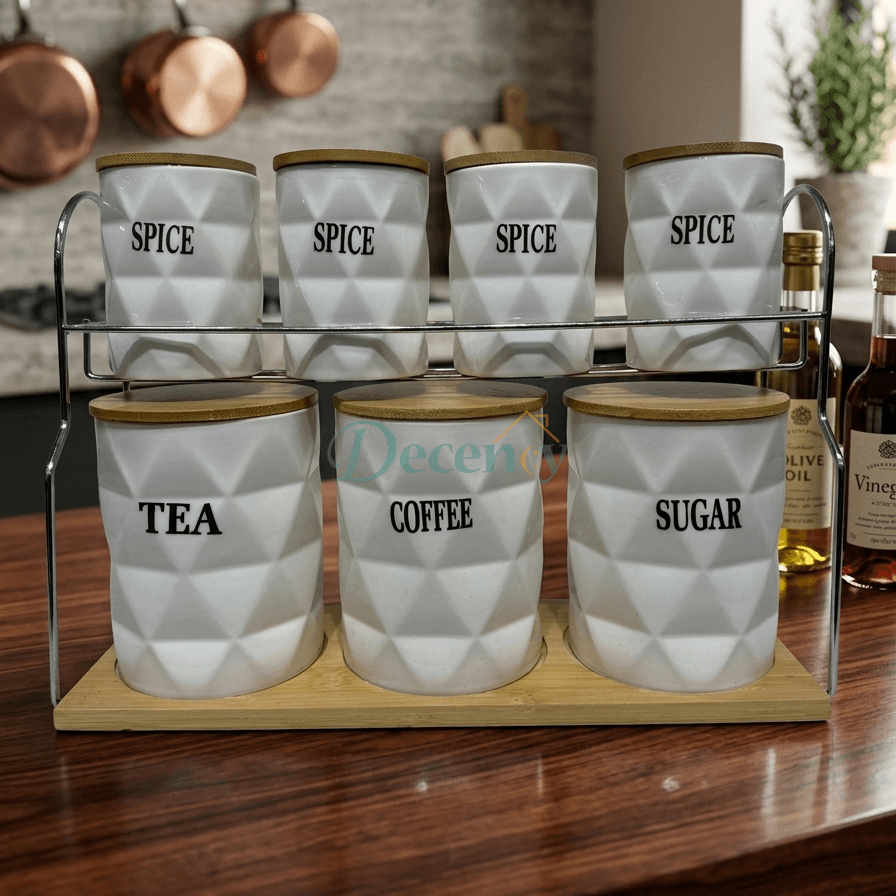 LUXURY BAROQUE CERAMIC CANISTER SET – 7PIECES WITH BAMBOO LIDS & RACK