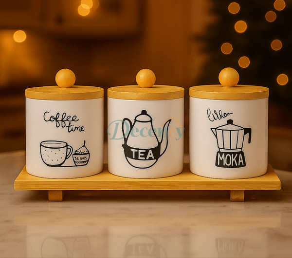 CERAMIC JAR SET WITH BAMBOO LIDS & TRAY - 3- PIECE