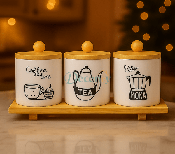 CERAMIC JAR SET WITH BAMBOO LIDS & TRAY - 3- PIECE