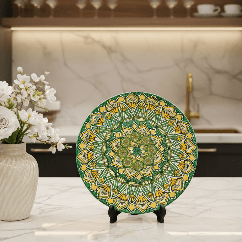 Handmade Green Mandala Ceramic Dinner Plate (10-Inch)
