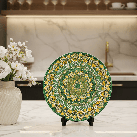 Handmade Green Mandala Ceramic Dinner Plate (10-Inch)