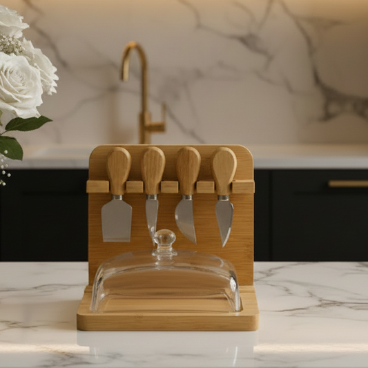 Bamboo Butter Dish with Glass Cover & 4 Butter Knives