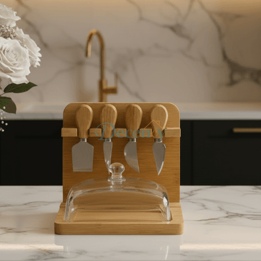 Bamboo Butter Dish with Glass Cover & 4 Butter Knives